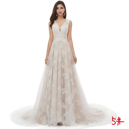 sd-hk Bride V-Neck A-line Lace Tulle Long Beach Wedding Dress for Women