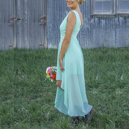 sd-hk High Low Lace Chiffon Bridesmaid Dress Blue