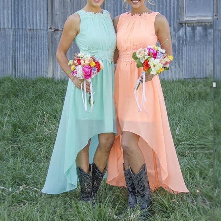 High Low Lace Chiffon Bridesmaid Dress in Blue for Country Weddings | SD Dresscode & Fashiontrends High Low Lace Chiffon Bridesmaid Dress in Blue for Country Weddings | SD Dresscode & Fashiontrends