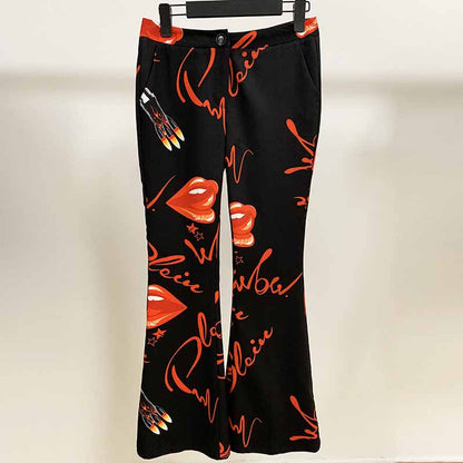 Womens Black Printing Blazer + Flare Trousers Suit Two Piece Formal Pantsuits