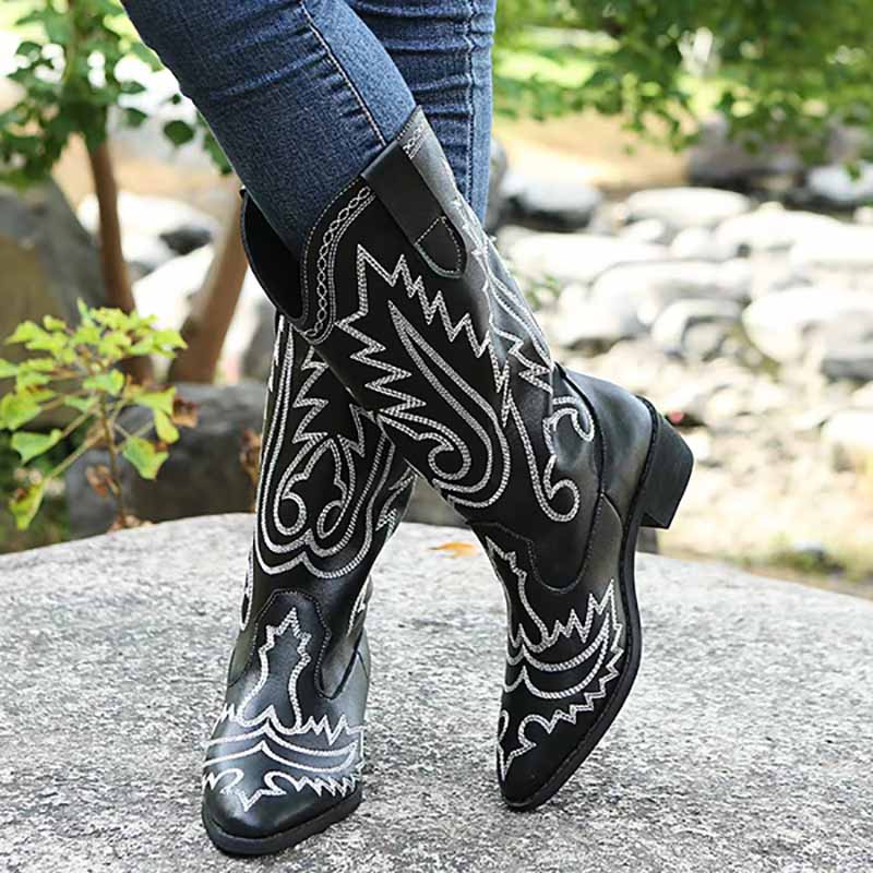 Western Cowgirl Cowboy Boots Wide Calf Pointed Toe Embroidered Shoes