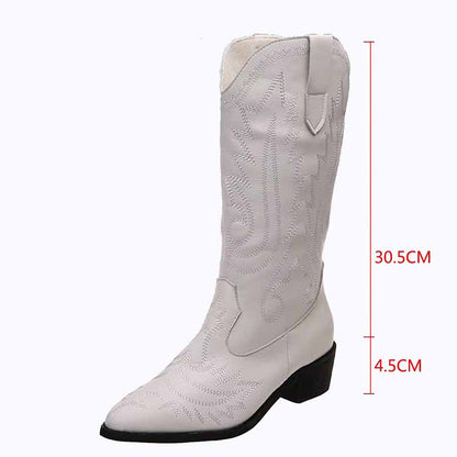 Western Cowgirl Cowboy Boots Wide Calf Pointed Toe Embroidered Shoes