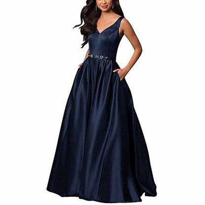 Women's Satin Bridesmaid Dress With Pocket Long Formal Evening Party Maxi Dress