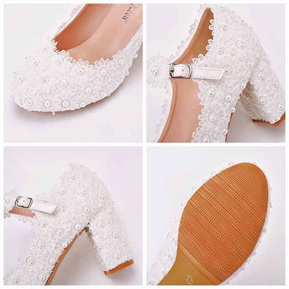 Women Wedding Shoes for Bride Low Heel Closed Toe Chunky Heel Lace Pumps