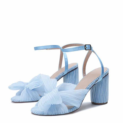 Women Pleated Knot Heeled Sandal with Ankle Strap Summer Bridesmaid Dress Shoes