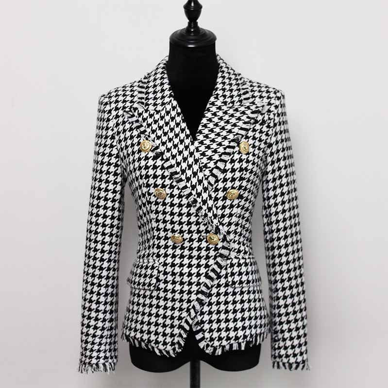 Womens Houndstooth Check Coat Fitted Fringe Tassel Golden Lion Buttons Blazer Jacket