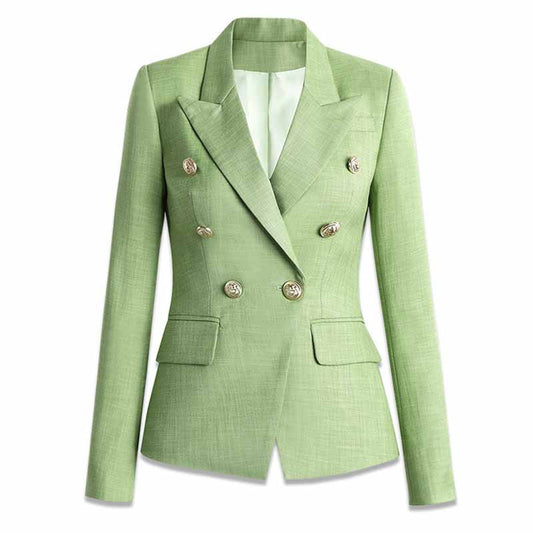 Women's Sage Green Textured Luxury Fitted Double Breasted Blazer with Lion Buttons - SLIM FIT