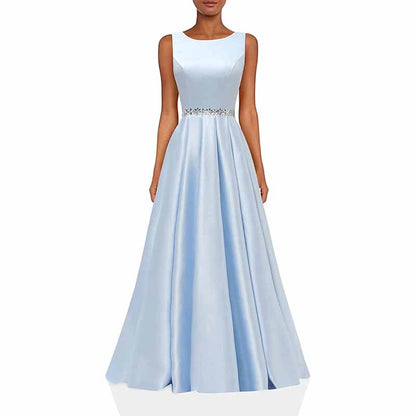 Women Long Prom Dress Satin A-Line with Beaded Belt Formal Evening Gown