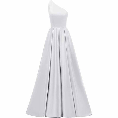Women's One Shoulder Prom Dress Long Satin Formal Evening Ball Wedding Gowns