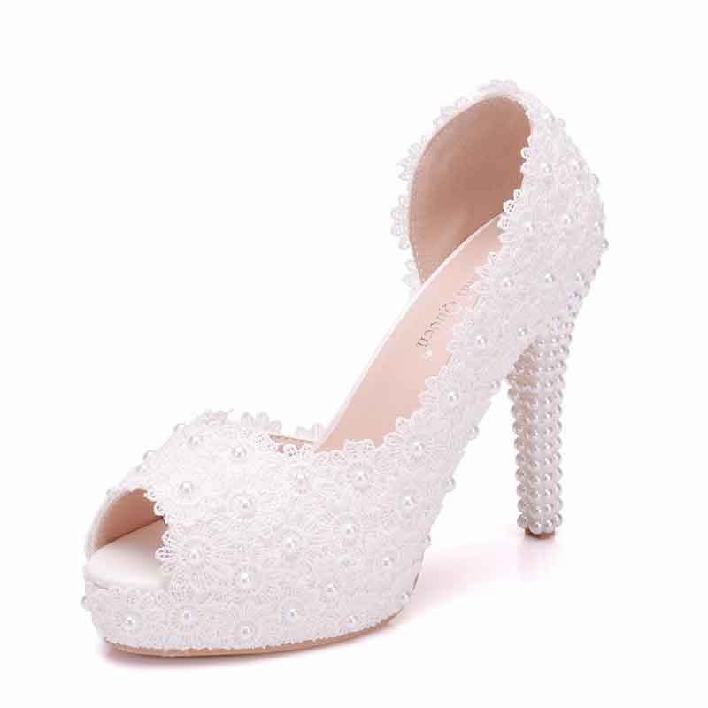 Women's Lace Stiletto High Heels Platform Wedding Pumps Peep Toe Bride ...