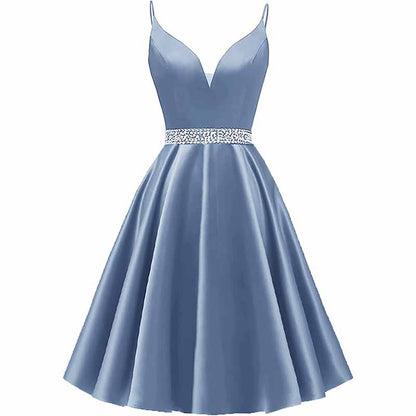 Girls Spaghetti Short Satin Prom Dress V-Neck Beaded Homecoming Evening Party Gowns