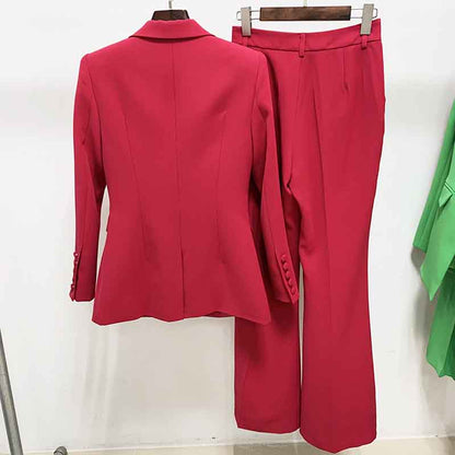 Women Rose Pink Blazer + Flare Trousers Suit Two Piece Pantsuits