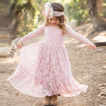 Lace Applique Floor Length Flower Girl Dress Wedding Birthday Kids Gown