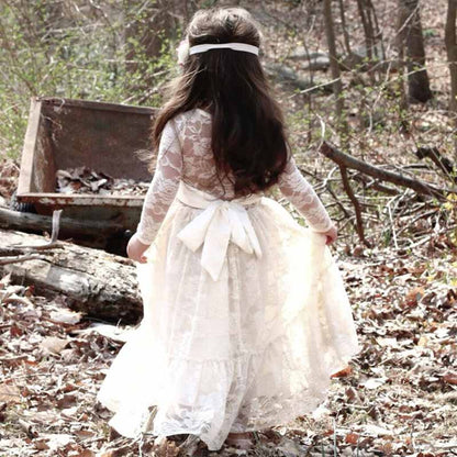Lace Applique Floor Length Flower Girl Dress Wedding Birthday Kids Gown