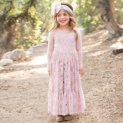Lace Applique Floor Length Flower Girl Dress Wedding Birthday Kids Gown