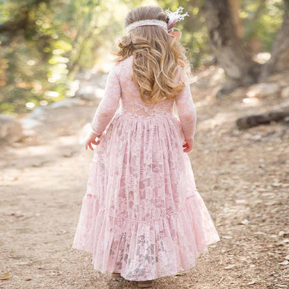 Lace Applique Floor Length Flower Girl Dress Wedding Birthday Kids Gown
