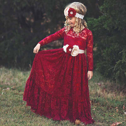Lace Applique Floor Length Flower Girl Dress Wedding Birthday Kids Gown