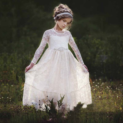 Lace Applique Floor Length Flower Girl Dress Wedding Birthday Kids Gown