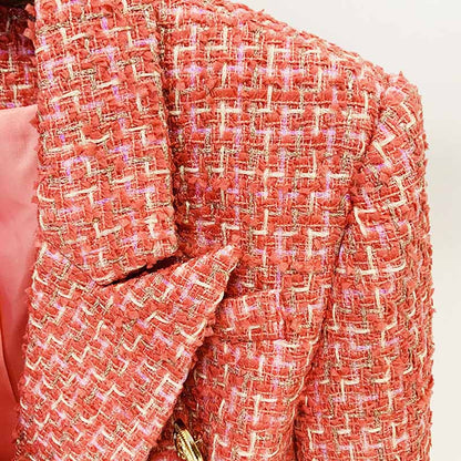 Womens Coral Jacket Gold Double Breasted Blazer Slim Fitting Tweed Coat