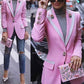 Womens Pink Coat Golden Lion Buttons Blazer Jacket with Pocket