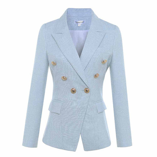 Women Sky Blue Double Breasted Blazer Gold Buttons Jacket
