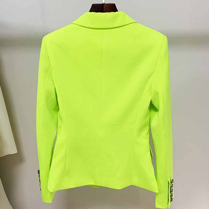 Women's Fitted Silver Lion Buttons Fitted Jacket Blazer Neon Yellow