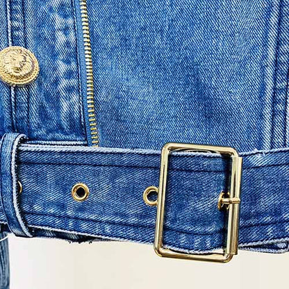 Womens Double Zipper Button Down Denim Biker Jacket