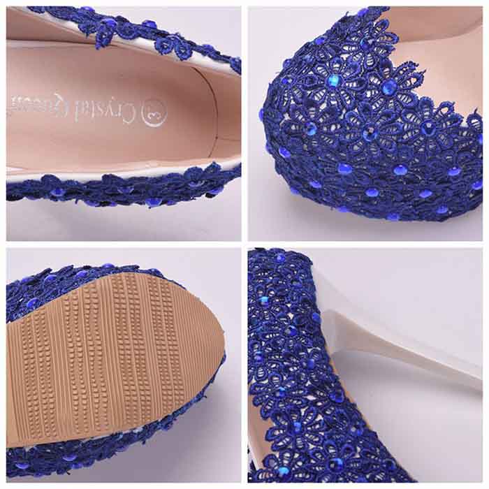 Women Royal Blue Platform Pumps Wedding Shoes for Bridal with Lace