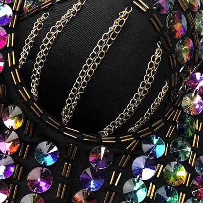 Black Corset Top Push Up Rhinestone Diamond Bra Party Vest