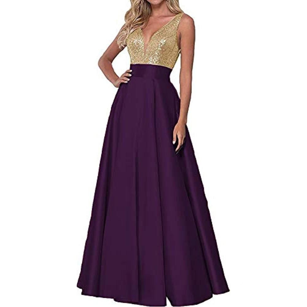 v neck gold and purple prom dress
