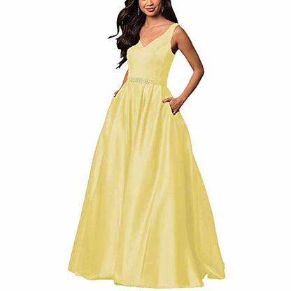 Women's Satin Bridesmaid Dress With Pocket Long Formal Evening Party Maxi Dress