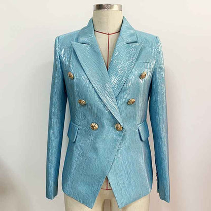 Women's Metal Lion Buttons Blue Fitted Blazer Coat