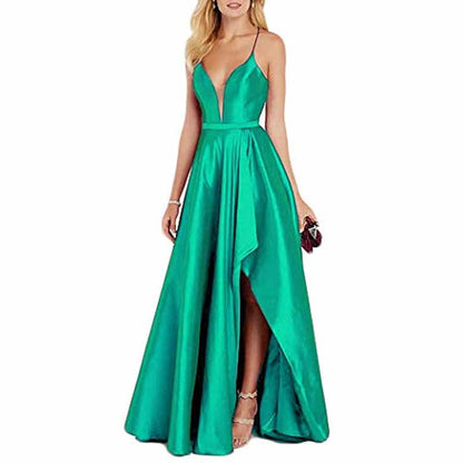 Women's Sexy Satin Deep V Neck Backless Hi Lo Prom Party Evening Dress