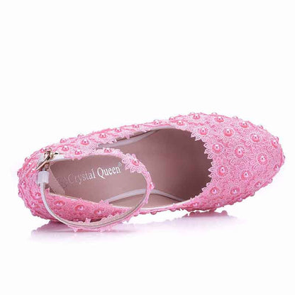 White Lace Wedding Shoes Wedges Heels Platform Wedges Pumps For Bridal