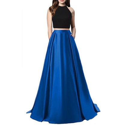 Women Two Piece Long Prom Dress Crop Top Satin Evening Formal Dresses With Pocket