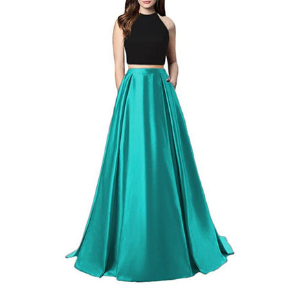 Women Two Piece Long Prom Dress Crop Top Satin Evening Formal Dresses With Pocket