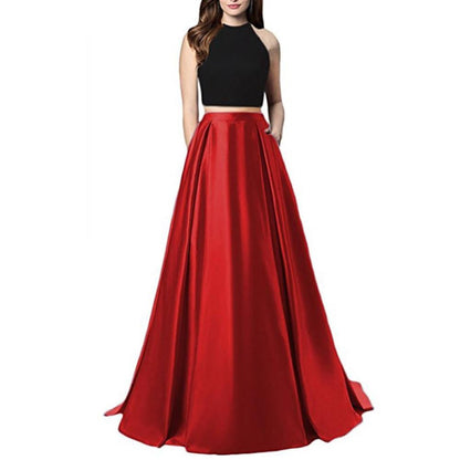 Women Two Piece Long Prom Dress Crop Top Satin Evening Formal Dresses With Pocket