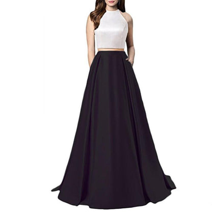 Women Two Piece Long Prom Dress Crop Top Satin Evening Formal Dresses With Pocket