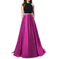 Women Two Piece Long Prom Dress Crop Top Satin Evening Formal Dresses With Pocket