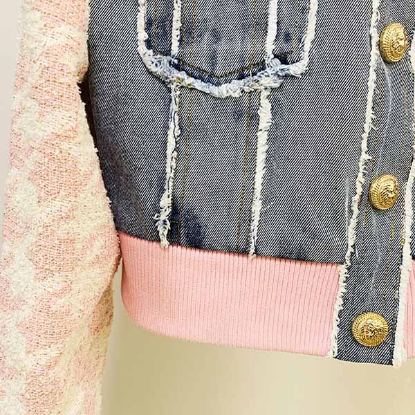 Women Luxury Denim Pink Houndstooth Tweed Jacket Coat Top + Mini Skirt 2 Piece Suit