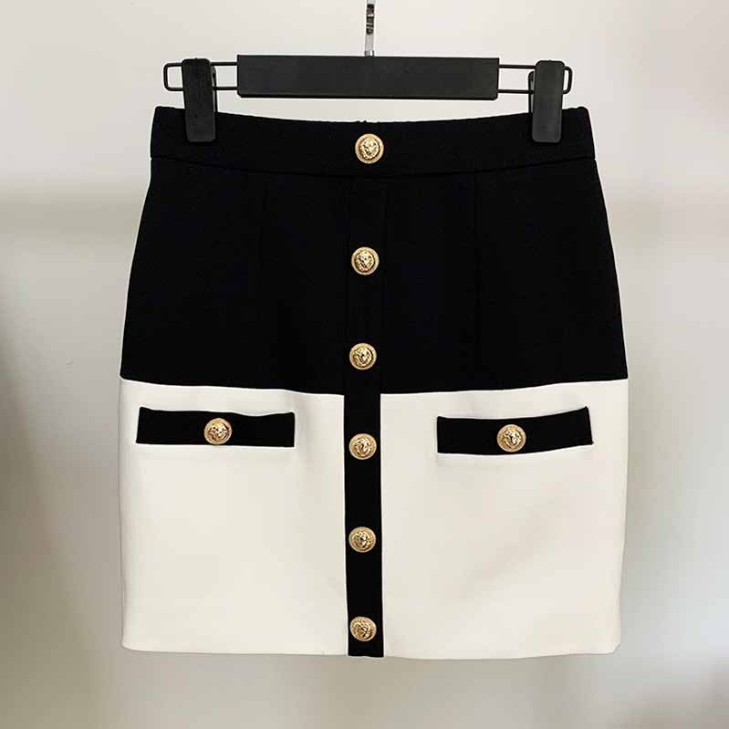 Women Tight Skirt Black and White Formal Skirt Gold-tone Mini Wrap Hip Skirt