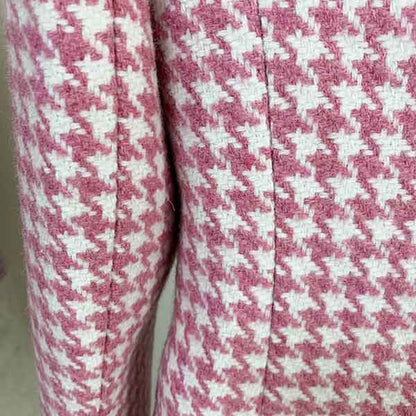 Women's Pink White Tweed Houndstooth Luxury Fitted Double Breasted Blazer Coat