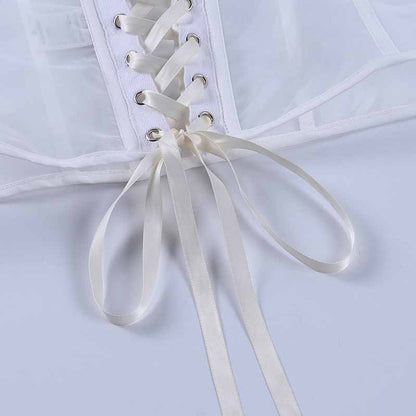 Women's Lace Longline Mesh Corset Strapless Bustier Crop Top