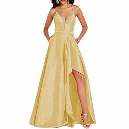 Women's Sexy Satin Deep V Neck Backless Hi Lo Prom Party Evening Dress