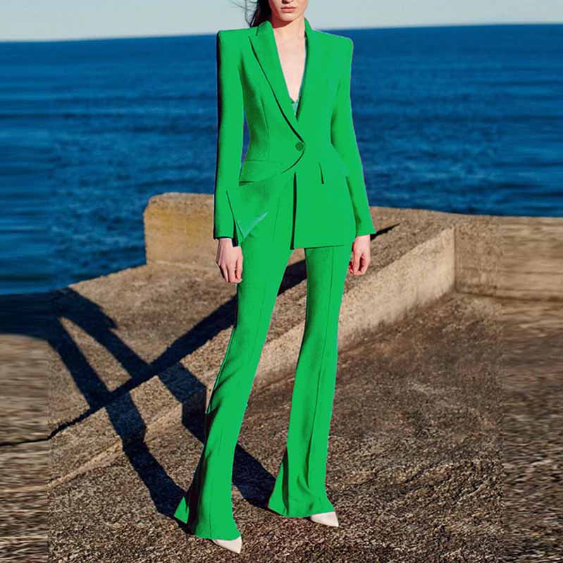 Women's Green Pantsuit Blazer+High Waisted Flare Pants Suit Formal Pantsuit