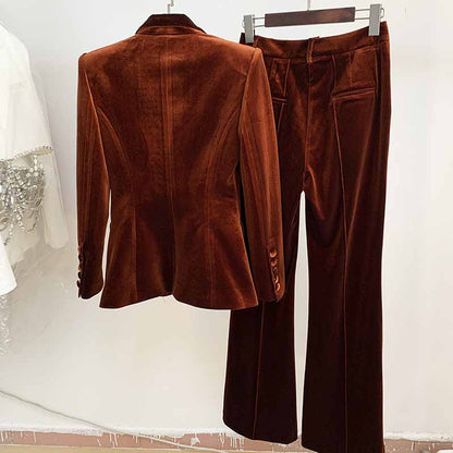 Women Velvet Bronze Green Purple Blazer + Flare Trousers Suit