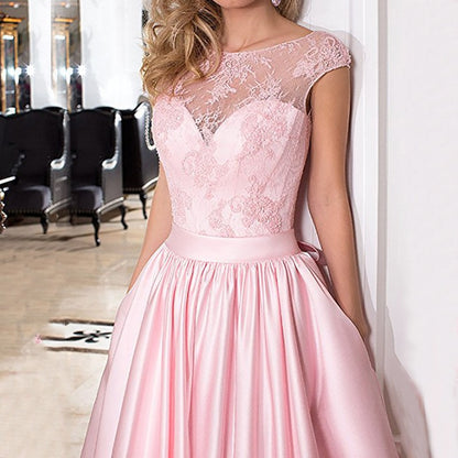 Lace A Line Bridesmaid Dress Cap Sleeve Satin Wedding Guest Dress Prom Gowns