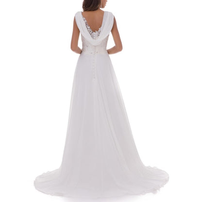 Women's Wedding Dress Lace Double V-Neck Sleeveless Evening Dress Long