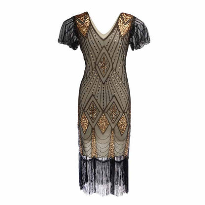 Women's 1920s Dress Sequin Art Deco Flapper Dress with Sleeve