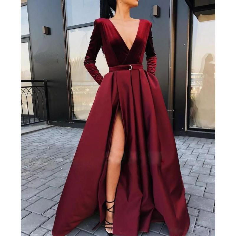 sd-hk Wine Red Evening Party Dress Long Sleeve High Split Maxi Gowns ...